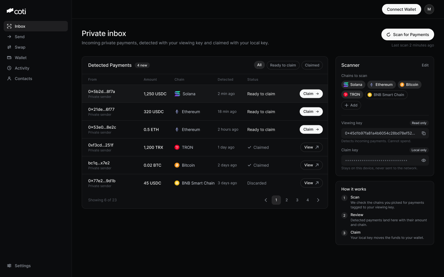 Interphase private inbox showing incoming private payments ready to claim