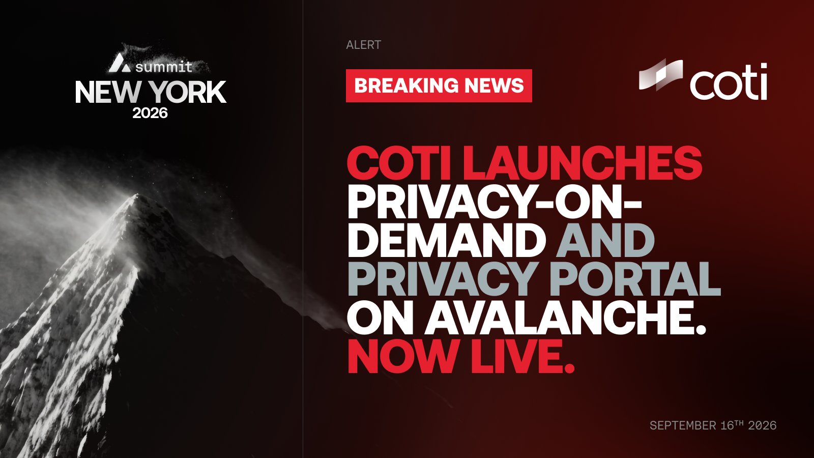 Breaking news: COTI launches Privacy-on-Demand and Privacy Portal on Avalanche. Now live.