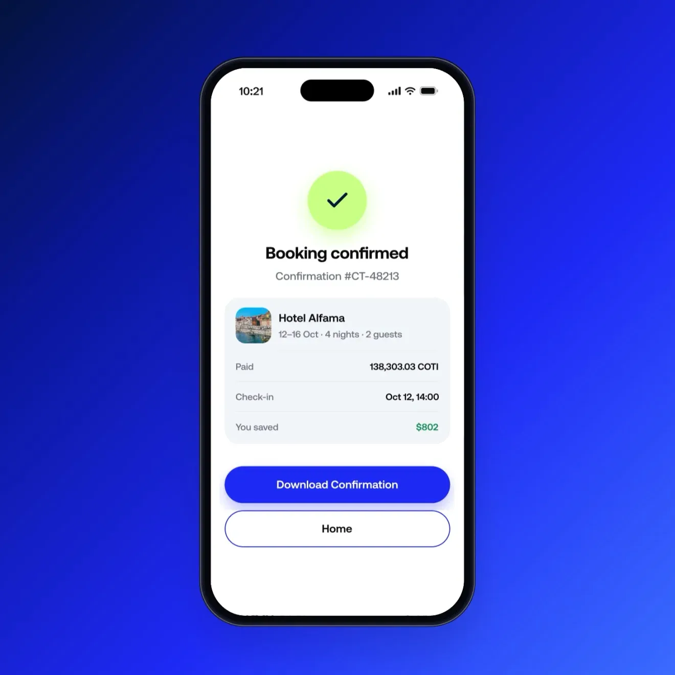 COTI app preview on a vivid blue background