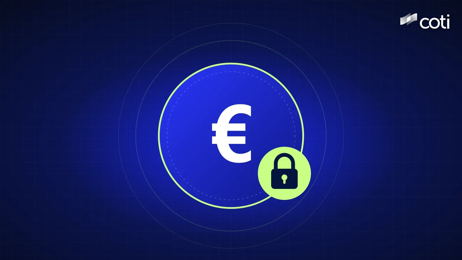 A blue coin with a white euro sign and a green padlock badge on a dark blue grid background