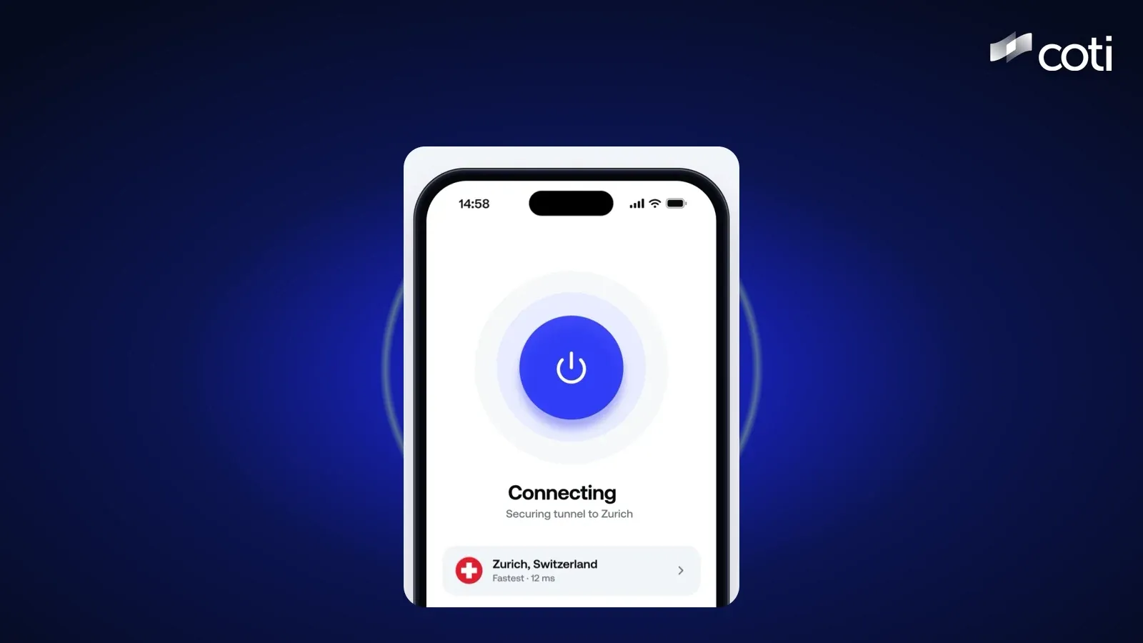 A design of the planned COTI VPN app on a phone, showing it connecting to a server in Zurich, Switzerland, on a dark blue background